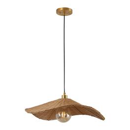 Jonathan Y - Miko 24.5" Modern Coastal Organic Curve Rattan LED Pendant, Natrual Brown/Brass Gold - Brass Gold/Brown