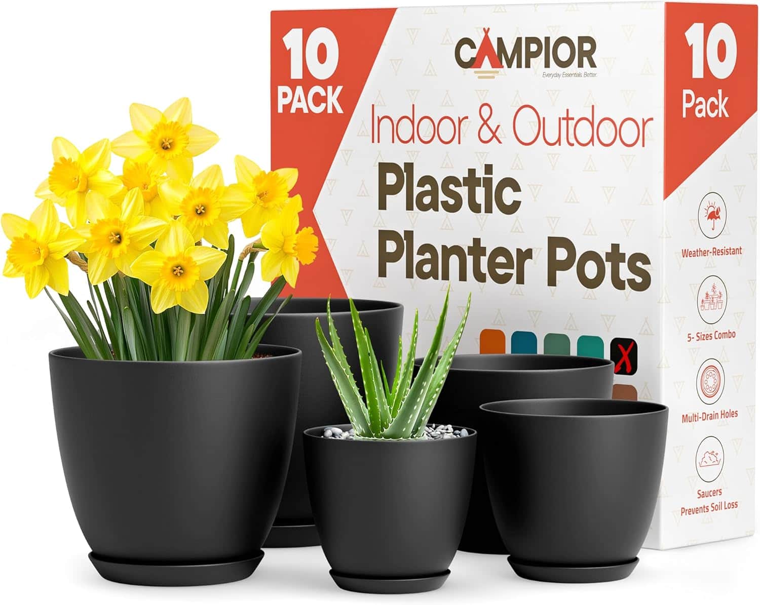 Campior - Plastic Plant Pots Set of 10 – Stackable, Durable, with Drainage, for Indoor & Outdoor Use - Black