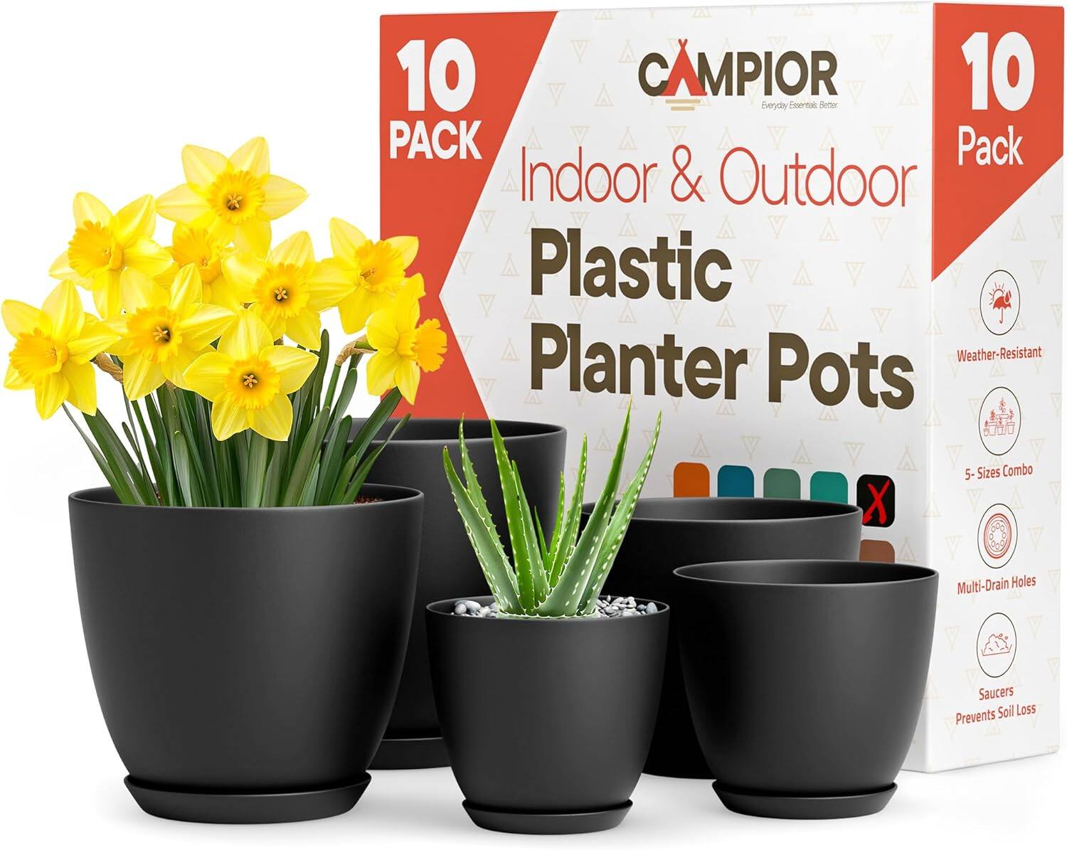 10 CAMPIOR 10 Everyday Essentials 10 Pack Indoor & Outdoor Plastic Planter Pots 5-Sizes Combo Multi-Drain Holes Saucers Prevents Soil Loss