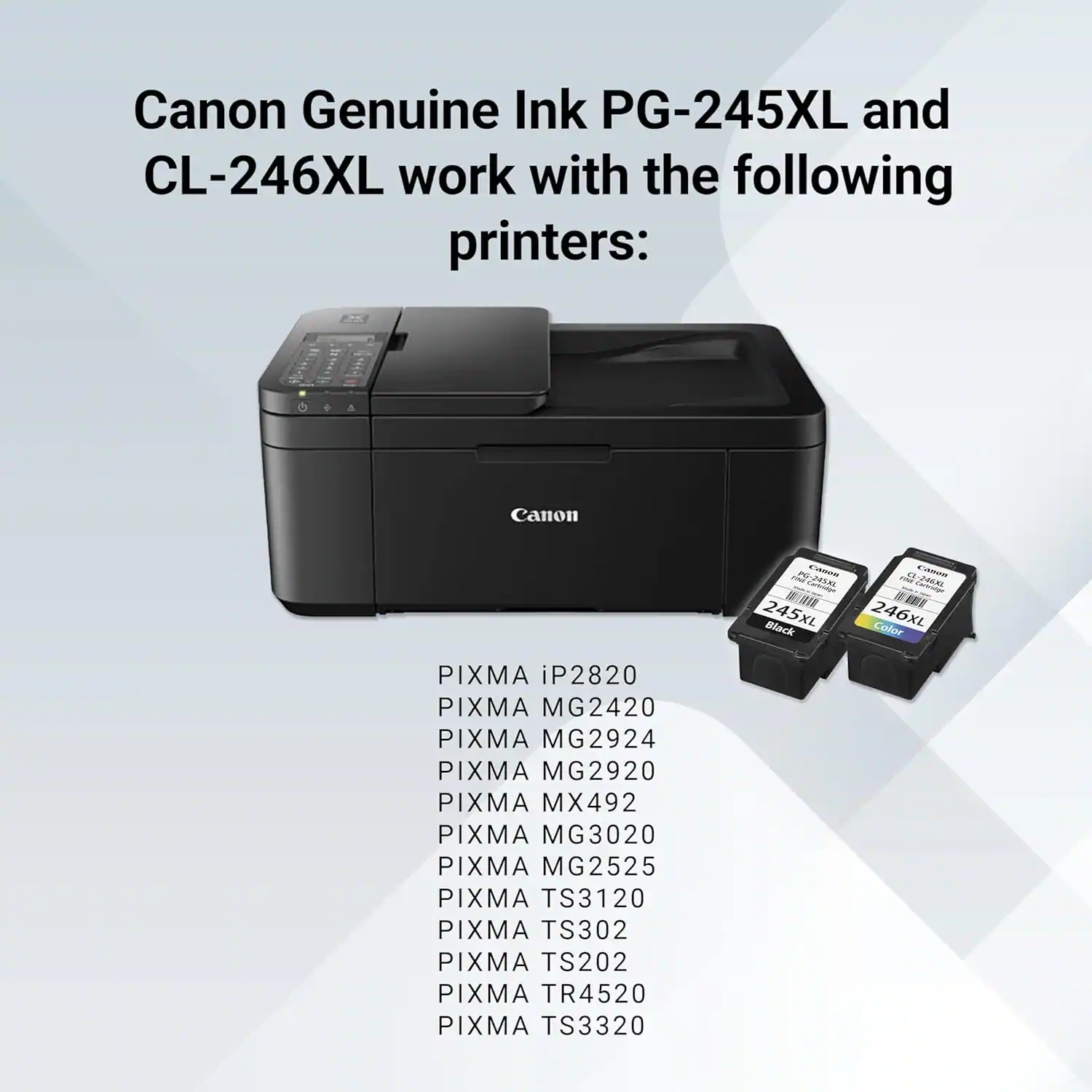 Canon Genuine Ink PG-245XL and CL-246XL work with the following printers:

- PIXMA iP2820
- PIXMA MG2420
- PIXMA MG2924
- PIXMA MG2920
- PIXMA MX492
- PIXMA MG3020
- PIXMA MG2525
- PIXMA TS3120
- PIXMA TS302
- PIXMA TS202
- PIXMA TR4520
- PIXMA TS3320