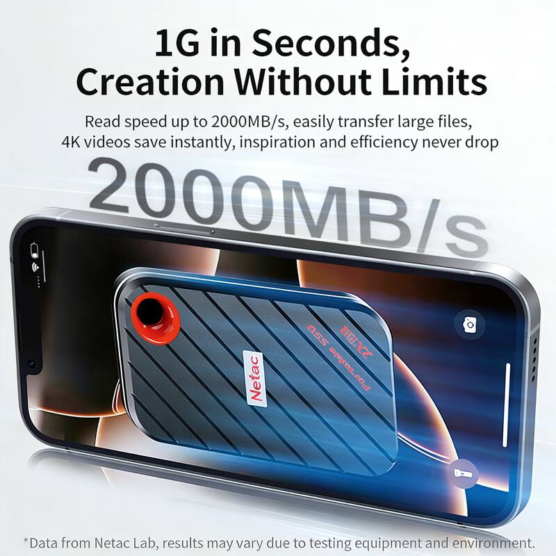1G in Seconds, Creation Without Limits  
Read speed up to 2000MB/s, easily transfer large files, 4K videos save instantly, inspiration and efficiency never drop  
2000MB/s  
*Data from Netac Lab, results may vary due to testing equipment and environment.