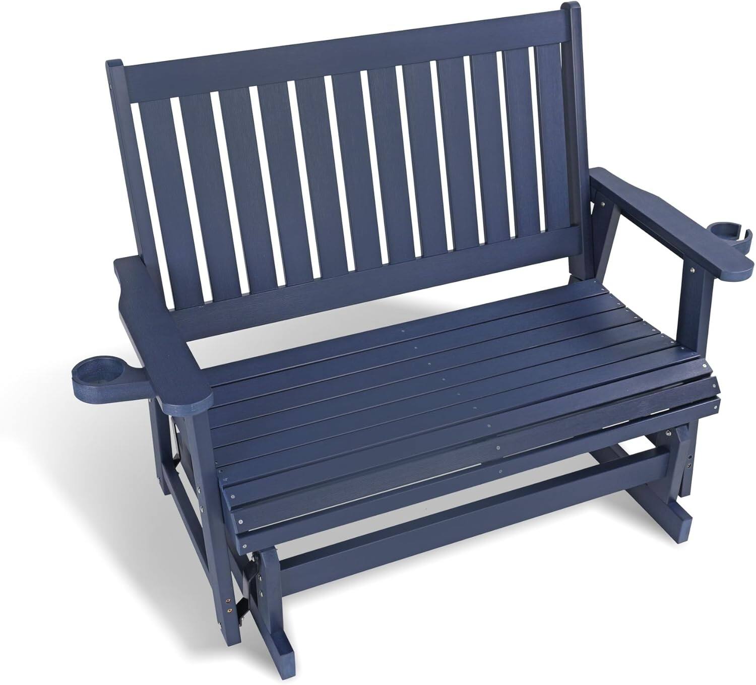 Front. Fortune Candy - HIPS Patio Glider with Cup Holders, Sturdy & Durablel, All-Weather Resistant, for Outdoor, Porch, Patio（2-Seater） - Navy Blue.