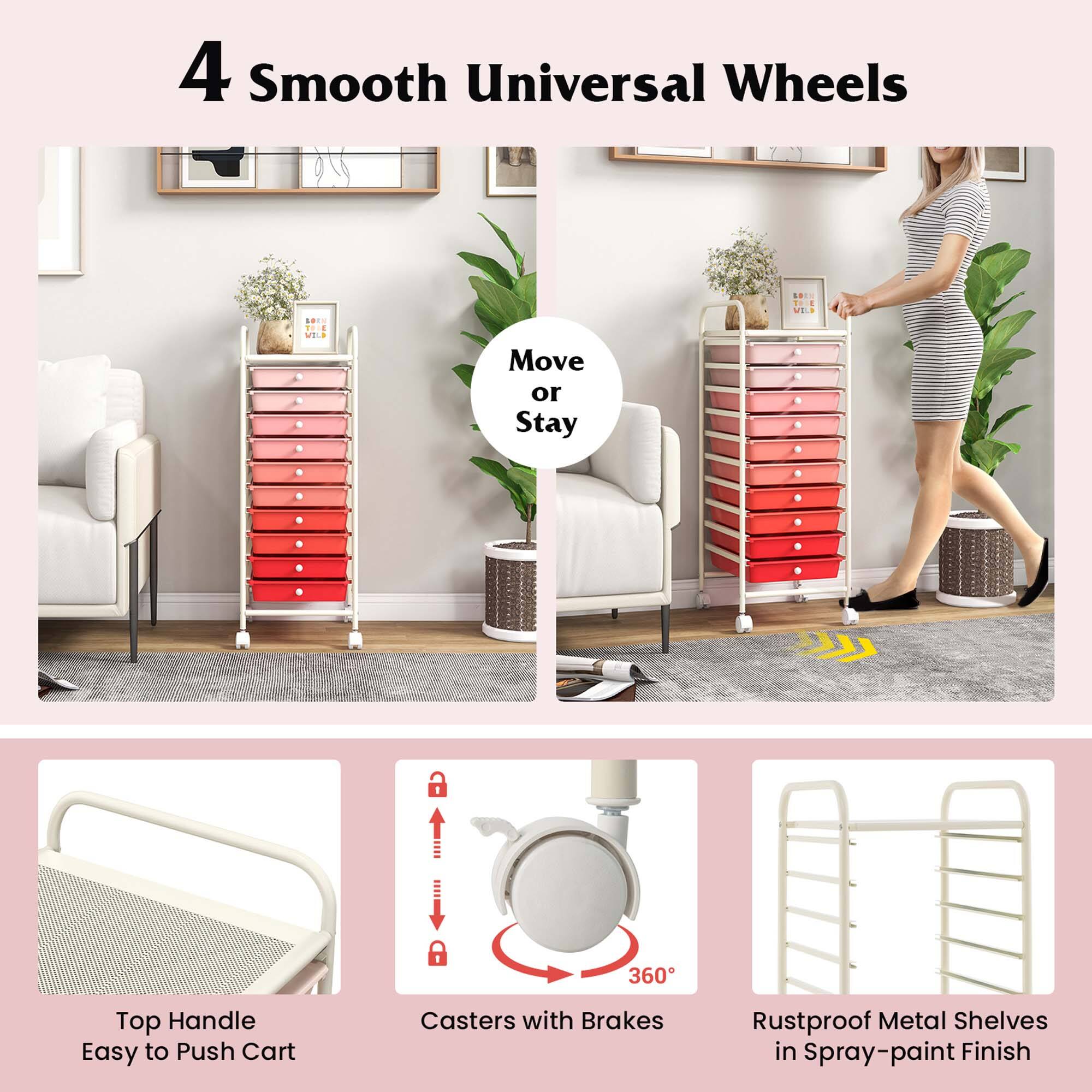 4 Smooth Universal Wheels: Move or Stay a 360 Top Handle Easy to Push Cart Casters with Brakes Rustproof Metal Shelves in Spray-paint Finish