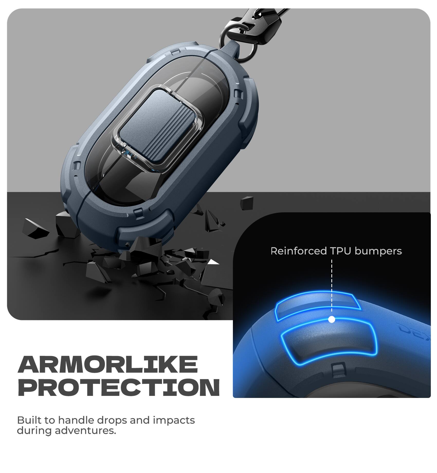 Reinforced TPU bumpers  
ARMORLIKE PROTECTION  
Built to handle drops and impacts during adventures.