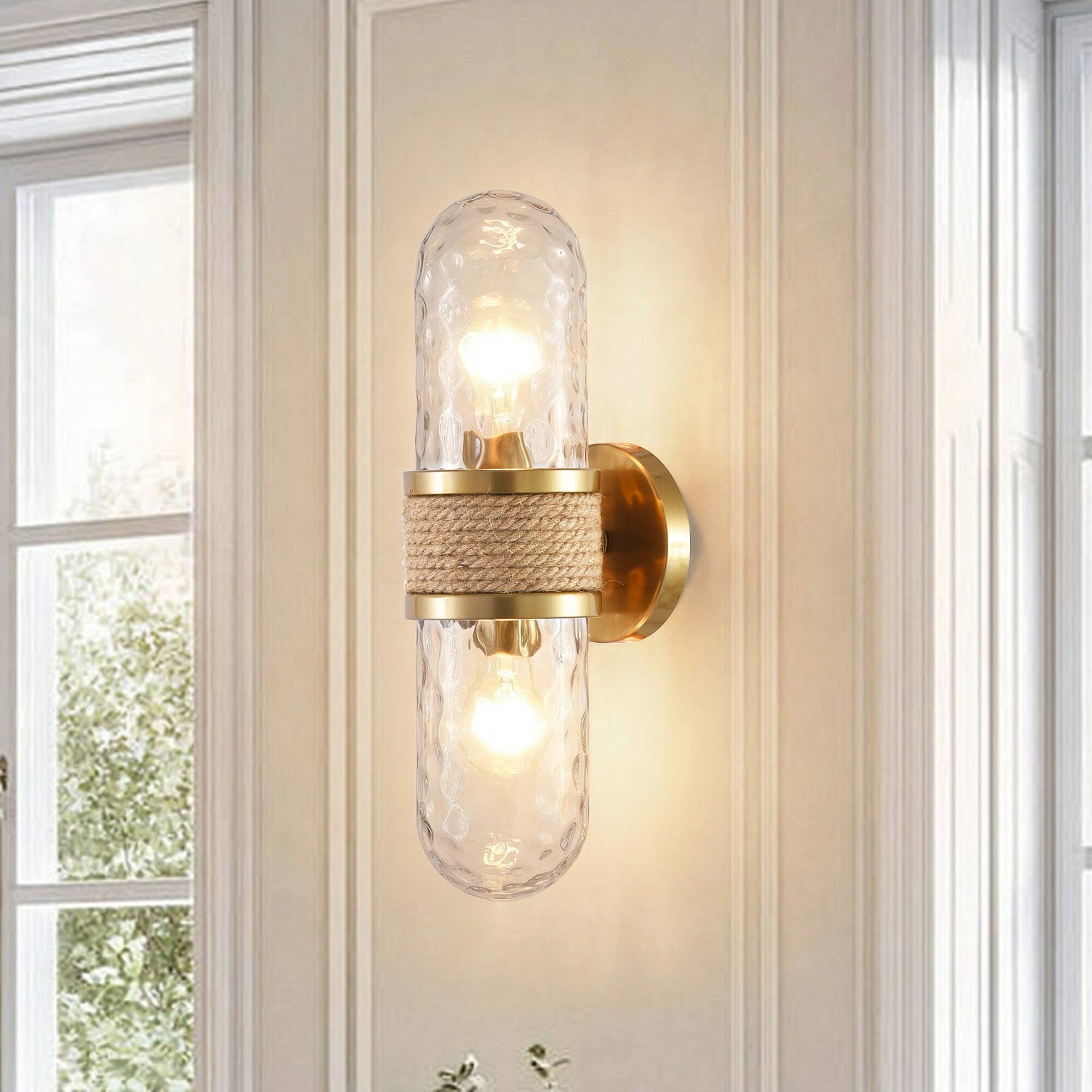 Alt View 1. Parrot Uncle - Modern Gold 2-Light Glass Rattan Jute Rope Bathroom Vanity Light Fixture - Gold.