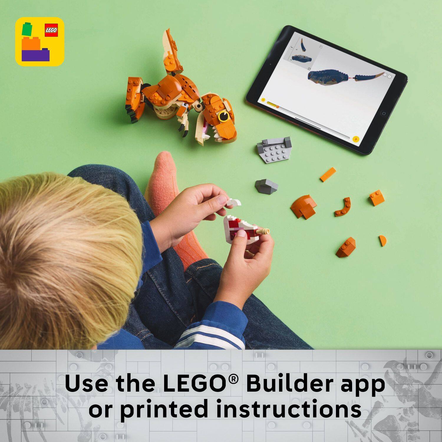 Use the LEGO Builder app or printed instructions