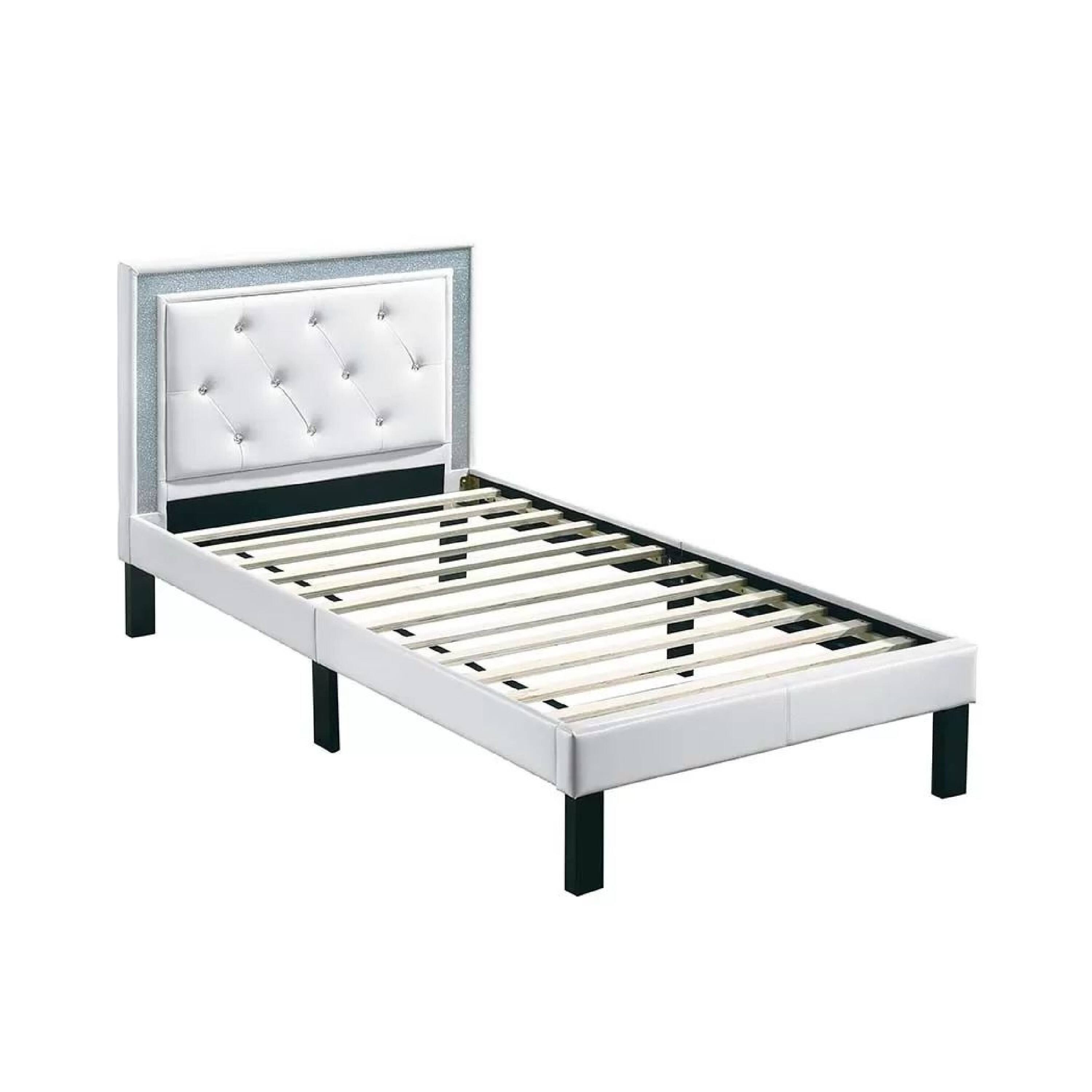 Alt View 1. Manhattan Lane - Mannie Twin Bed with Silver Trim, White Button Tufted Faux-Leather - White, Espresso Brown.