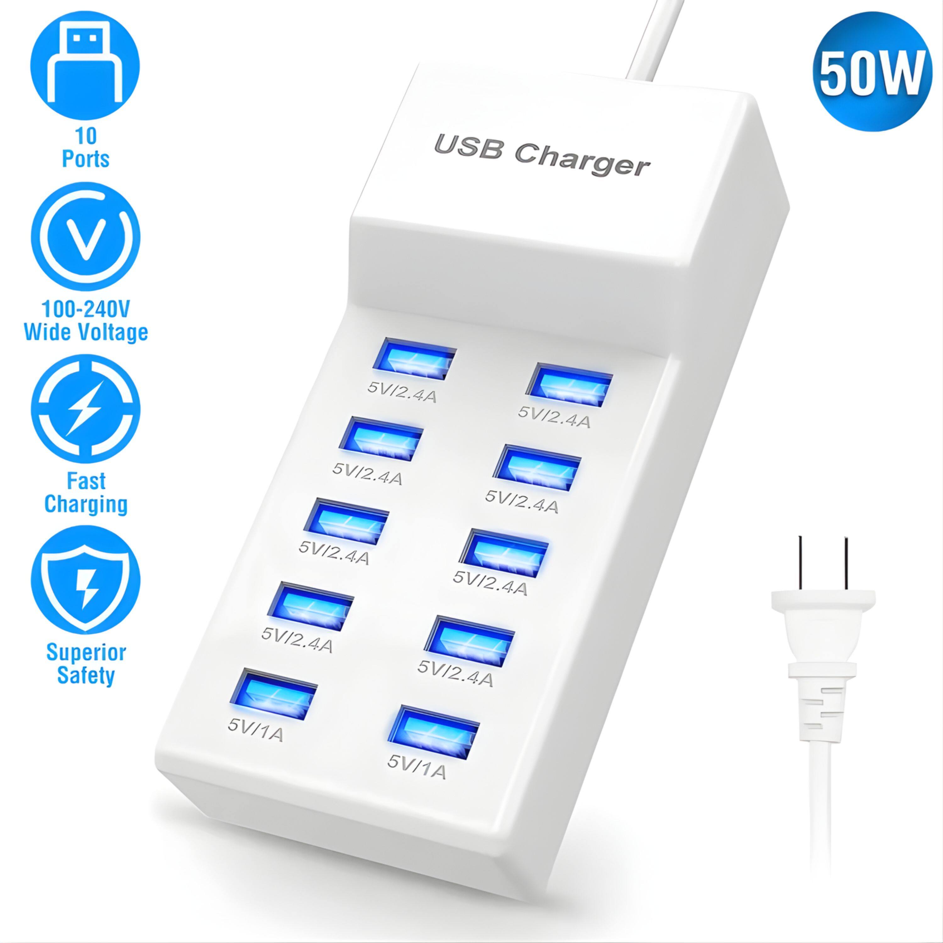 10 Ports USB Charger  
50W  
100-240V Wide Voltage  
5V/2.4A (x8)  
5V/1A (x2)  
Fast Charging  
Superior Safety