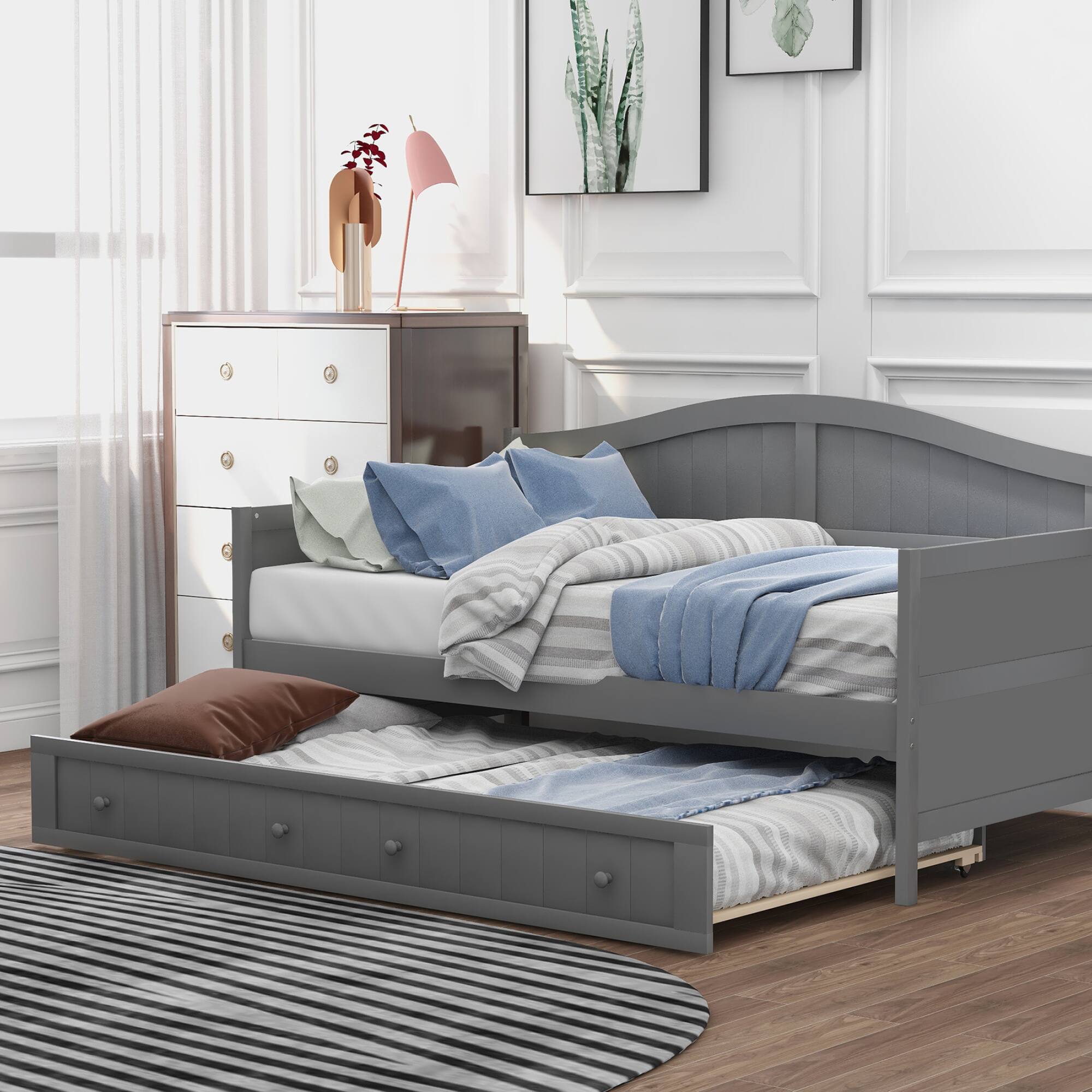Left. GOODSILO - Twin Size Daybed with Storage Drawers, Space-Saving Sofa Bed for Bedroom and Living Room, No Box Spring Required - Gray.