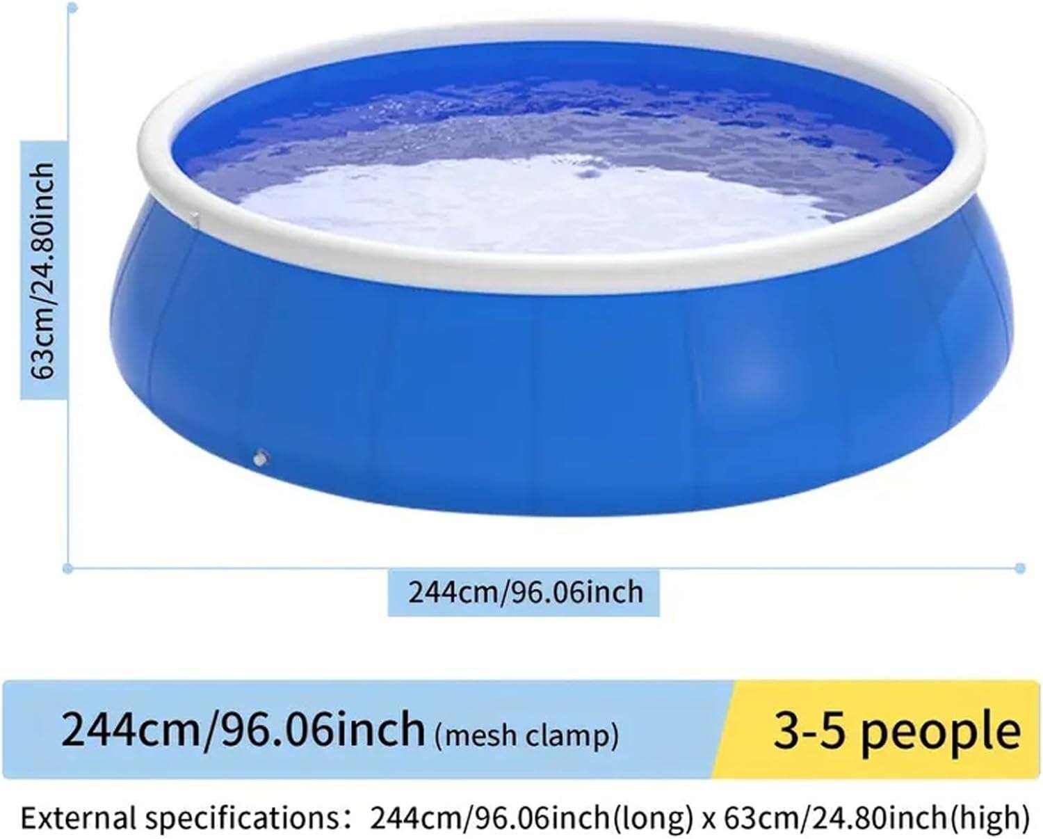 The corrected text is:

- 63cm/24.80inch
- 244cm/96.06inch
- 244cm/96.06inch (mesh clamp)
- 3-5 people
- External specifications: 244cm/96.06inch (long) x 63cm/24.80inch (high)