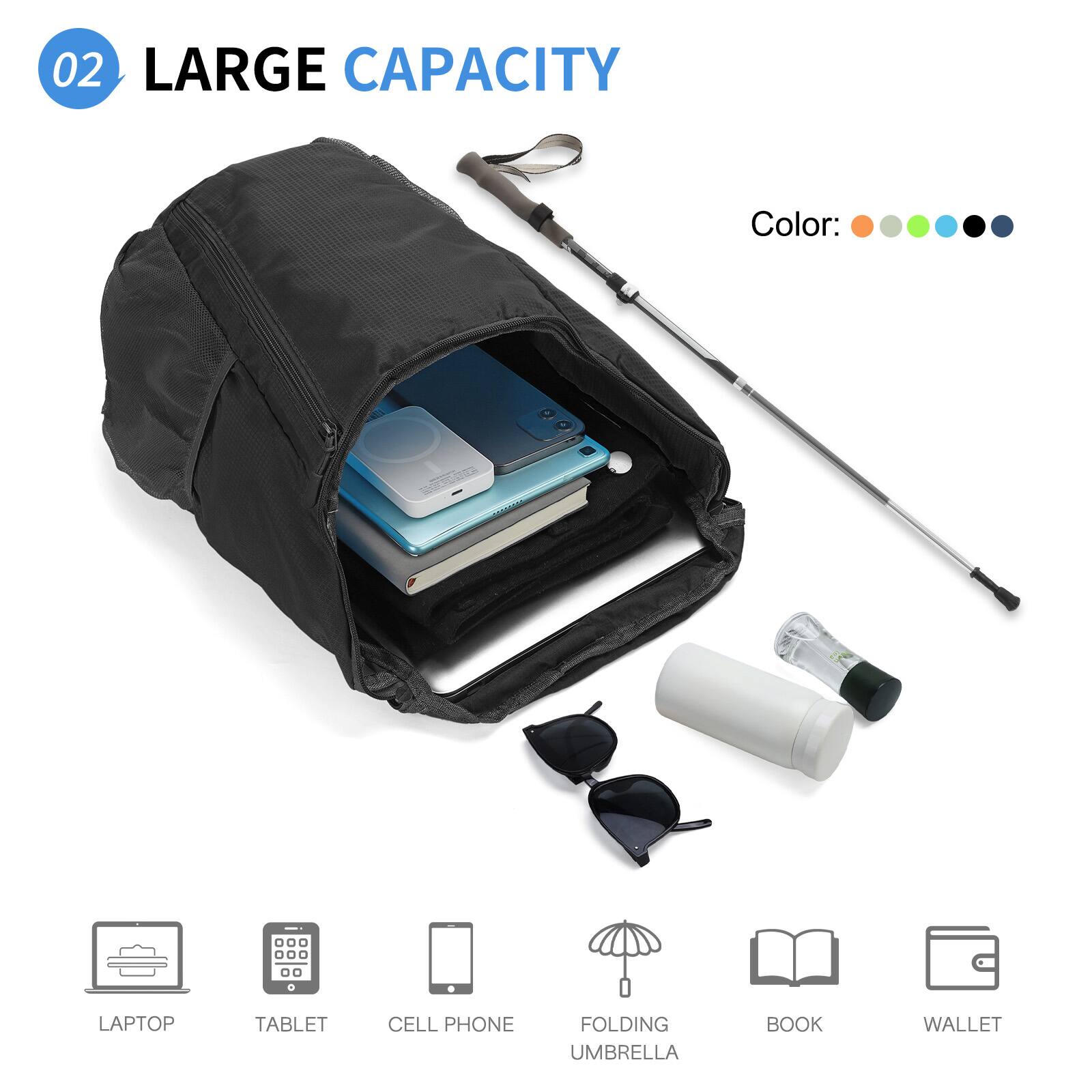 02 LARGE CAPACITY

Color: [Color options]

LAPTOP  
TABLET  
CELL PHONE  
FOLDING UMBRELLA  
BOOK  
WALLET