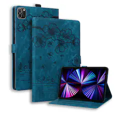 Front. Dteck - For Apple iPad Pro (M4) 13'' 2024/ iPad Pro (M5) 13" 2025 Embossed Flower Pattern Folio Case Card Slots Kickstand Cover - Blue.