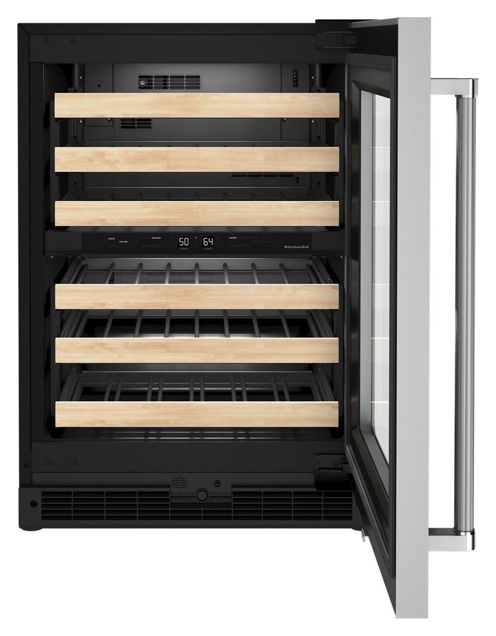 Left. KitchenAid - 46-Bottle Dual Zone Wine Cellar with Glass Door and Wood-Front Racks - Stainless steel.