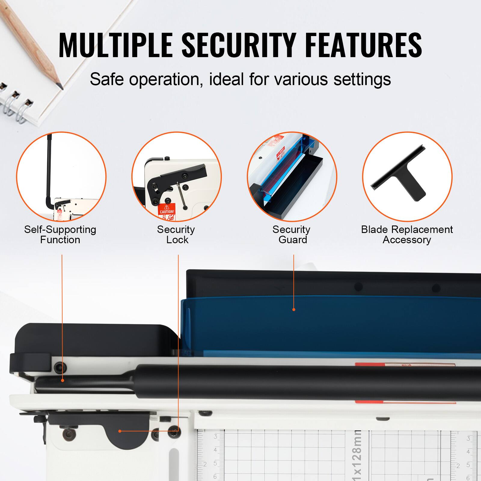 MULTIPLE SECURITY FEATURES  
Safe operation, ideal for various settings  

- Self-Supporting Function  
- Security Lock  
- Security Guard  
- Blade Replacement Accessory  

1x128mm