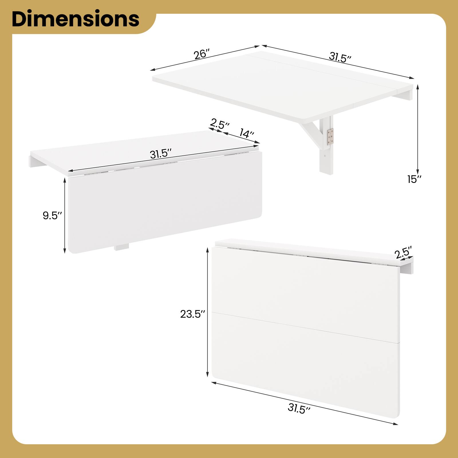 Dimensions: 26" x 31.5" x 31.5" x 2.5" x 14" x 15" x 9.5" x 2.5" x 23.5" x 31.5"