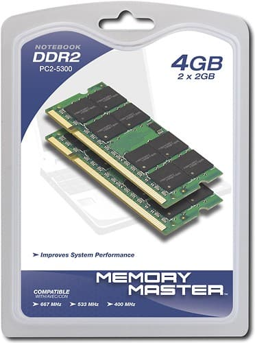 Front Standard. Memory Master - 2-Pack 2GB PC2-5300 DDR2 SoDIMM Laptop Memory Kit.