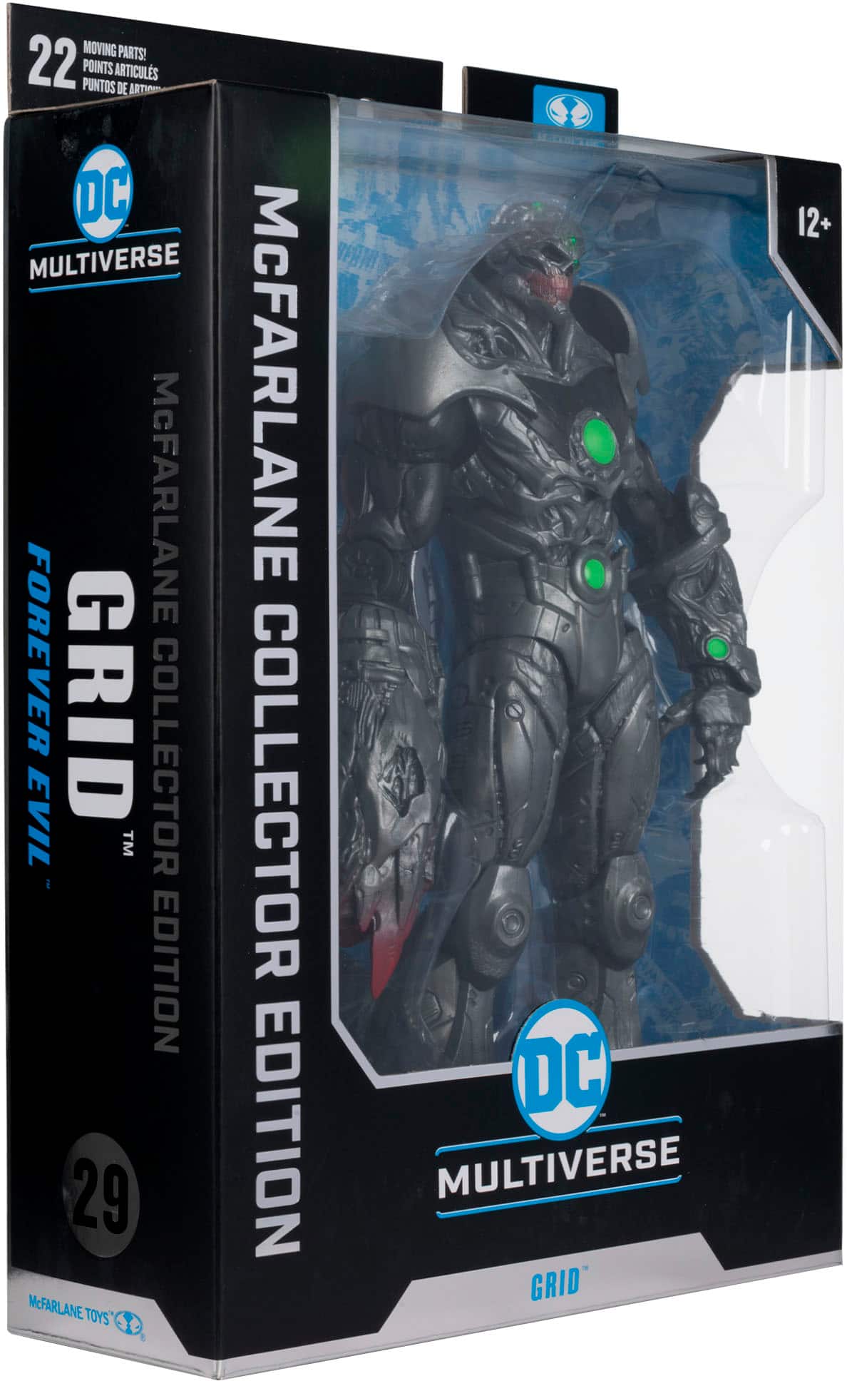The image features a DC Multiverse McFarlane Forever Grid Evil Collector Edition action figure. The figure is in a box, and it is a part of a 29-point collection. The toy is made by McFarlane Toys, and it is a collector's edition.