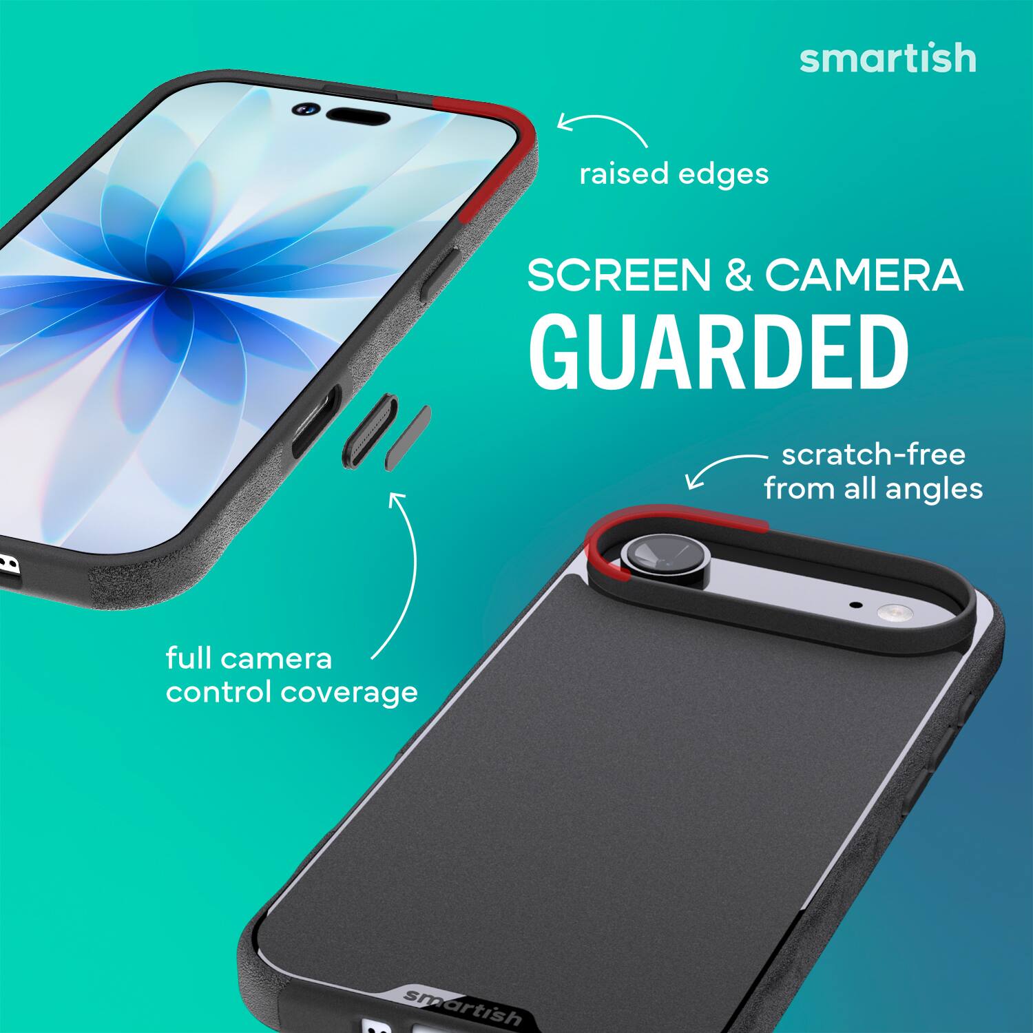 smartish raised edges SCREEN & CAMERA GUARDED scratch-free from all angles full camera control coverage smartish