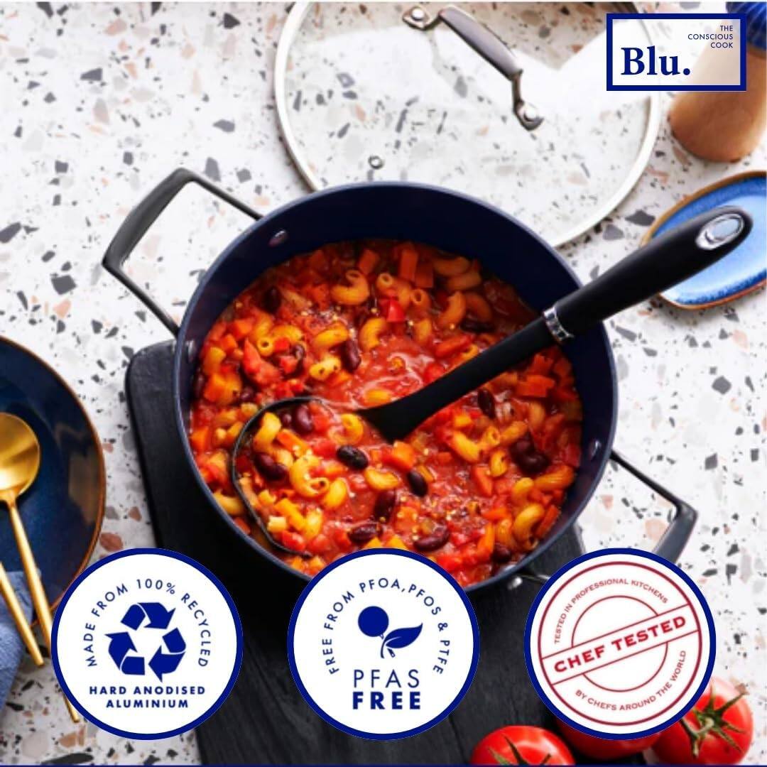 THE CONSCIOUS COOK  
Blu.  

MADE FROM 100% RECYCLED HARD ANODISED ALUMINIUM  
FREE FROM PFOA, PFOS & PTFE  
PFAS FREE  
TESTED IN PROFESSIONAL KITCHENS  
CHEF TESTED BY CHEFS AROUND THE WORLD