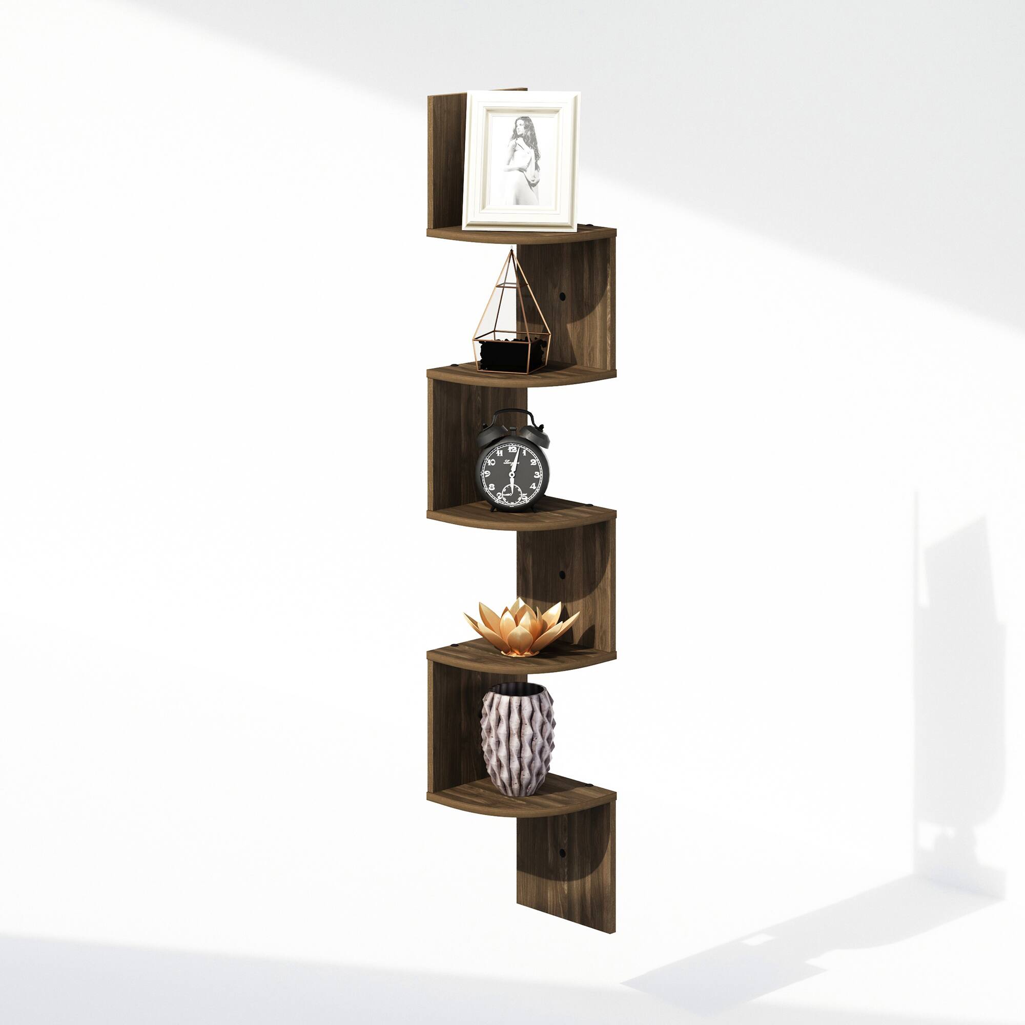 Alt View 3. Furinno - 5-Tier Floating Corner Shelf, Wall Mount Shelves for Storage and Display - Columbia Walnut.