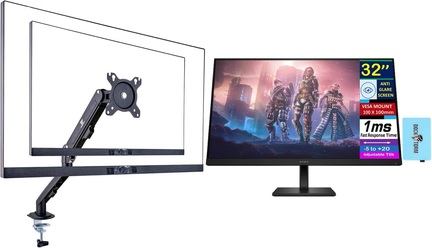 HP - OMEN 32" QHD IPS Monitor with 1ms Response Time, Anti-Glare, HDMI(780K0AA#ABA) w/DKZ Hub & Ergoflexy Single Mount Arm - Black