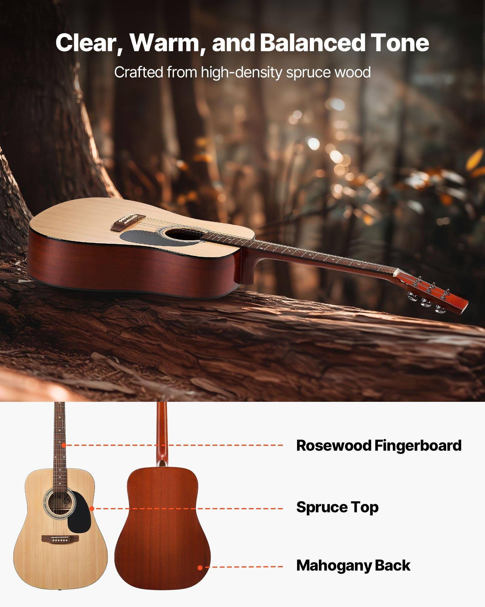 Clear, Warm, and Balanced Tone  
Crafted from high-density spruce wood  

- Rosewood Fingerboard  
- Spruce Top  
- Mahogany Back
