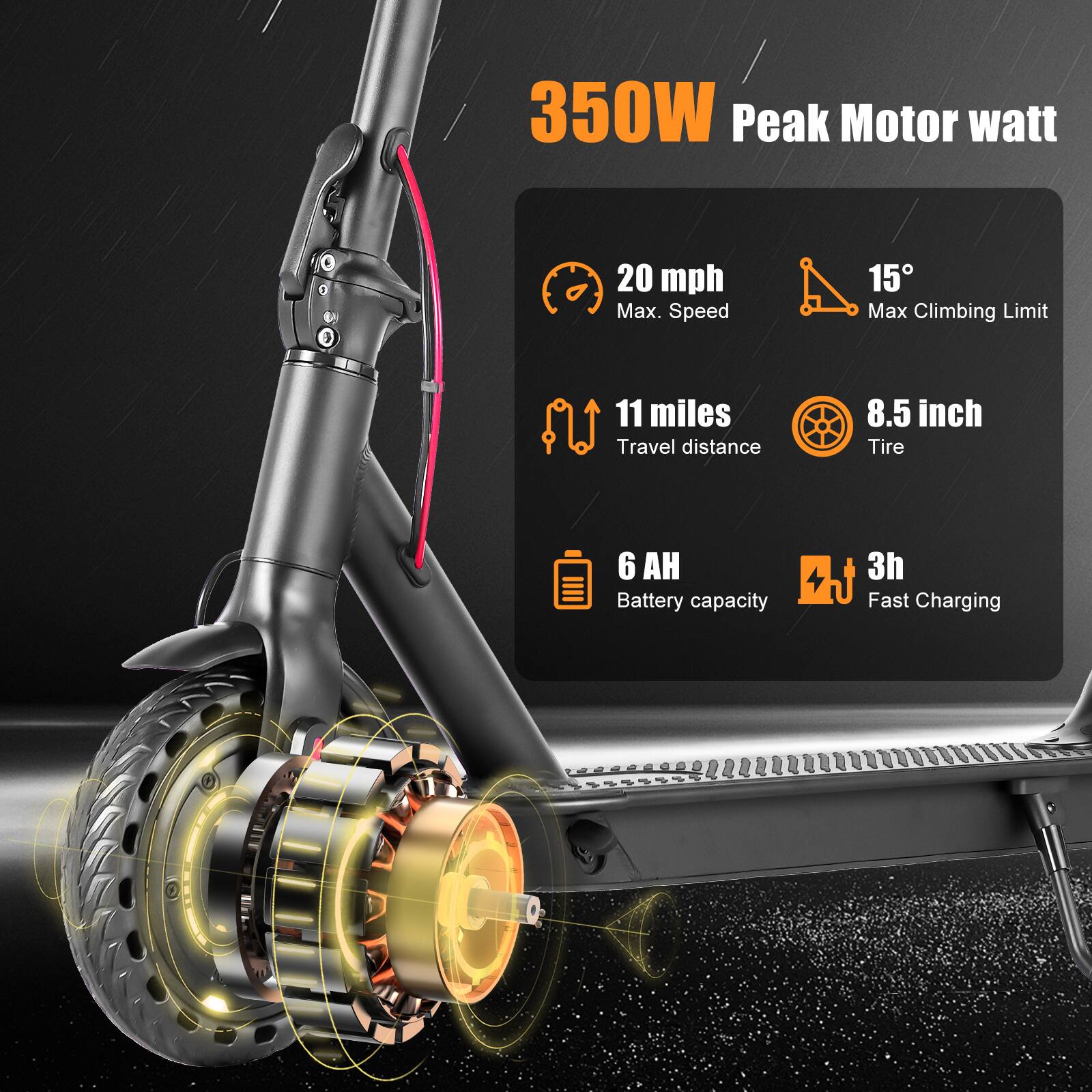 350W Peak Motor watt  
20 mph Max. Speed  
15° Max Climbing Limit  
11 miles Travel distance  
8.5 inch Tire  
6 AH Battery capacity  
3h Fast Charging