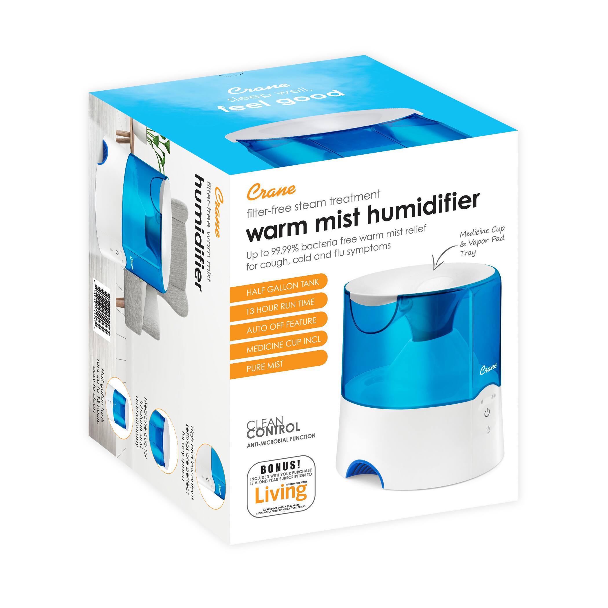 Sure, here is the corrected and grouped text from the image:

---

**Crane**

**filter-free steam treatment warm mist humidifier**

- Up to 99.99% bacteria free warm mist relief for cough, cold and flu symptoms
- HALF GALLON TANK
- 13 HOUR RUN TIME
- AUTO OFF FEATURE
- MEDICINE CUP INCL
- PURE MIST
- CLEAN CONTROL
- ANTI-MICROBIAL FUNCTION

**BONUS!**

INCLUDES 1-YEAR SUBSCRIPTION TO LIVING

**Features:**
- Medicine Cup & Vapor Pad Tray

**Additional Information:**
- Crane
- sleep well feel good

---

This text is organized to reflect the product's features and benefits as presented on the packaging.