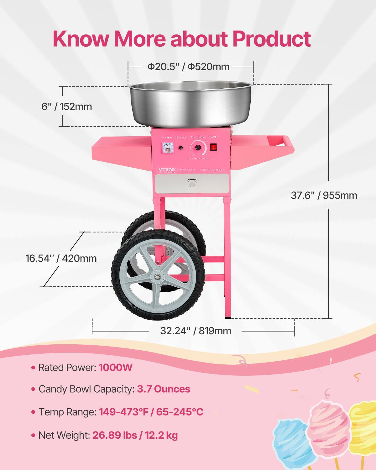 Know More about Product

- 20.5" / 520mm
- 6" / 152mm
- 37.6" / 955mm
- 6.54" / 420
- 420mm
- 32.24" / 819mm

Rated Power: 1000W
Candy Bowl Capacity: 3.7 Ounces
Temp Range: 149-473°F / 65-245°C
Net Weight: 26.89 lbs / 12.2 kg