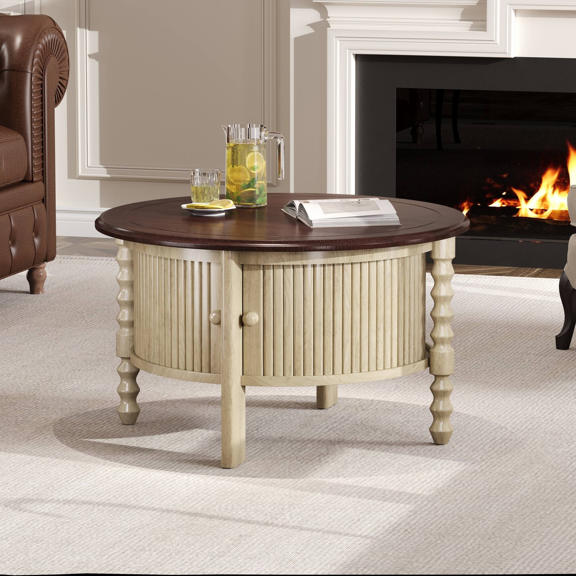 Angle. Bestier - Vintage Round Coffee Table with Storage 30.3 Inch Mid Century Modern Slatted Design Accent Table for Small Spaces - Beige.