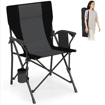 Front. Costway - Costway 1 PCS Folding Camping Chair for Adults Portable Lawn Chair with Cup Holder & Side Pocket - Black.
