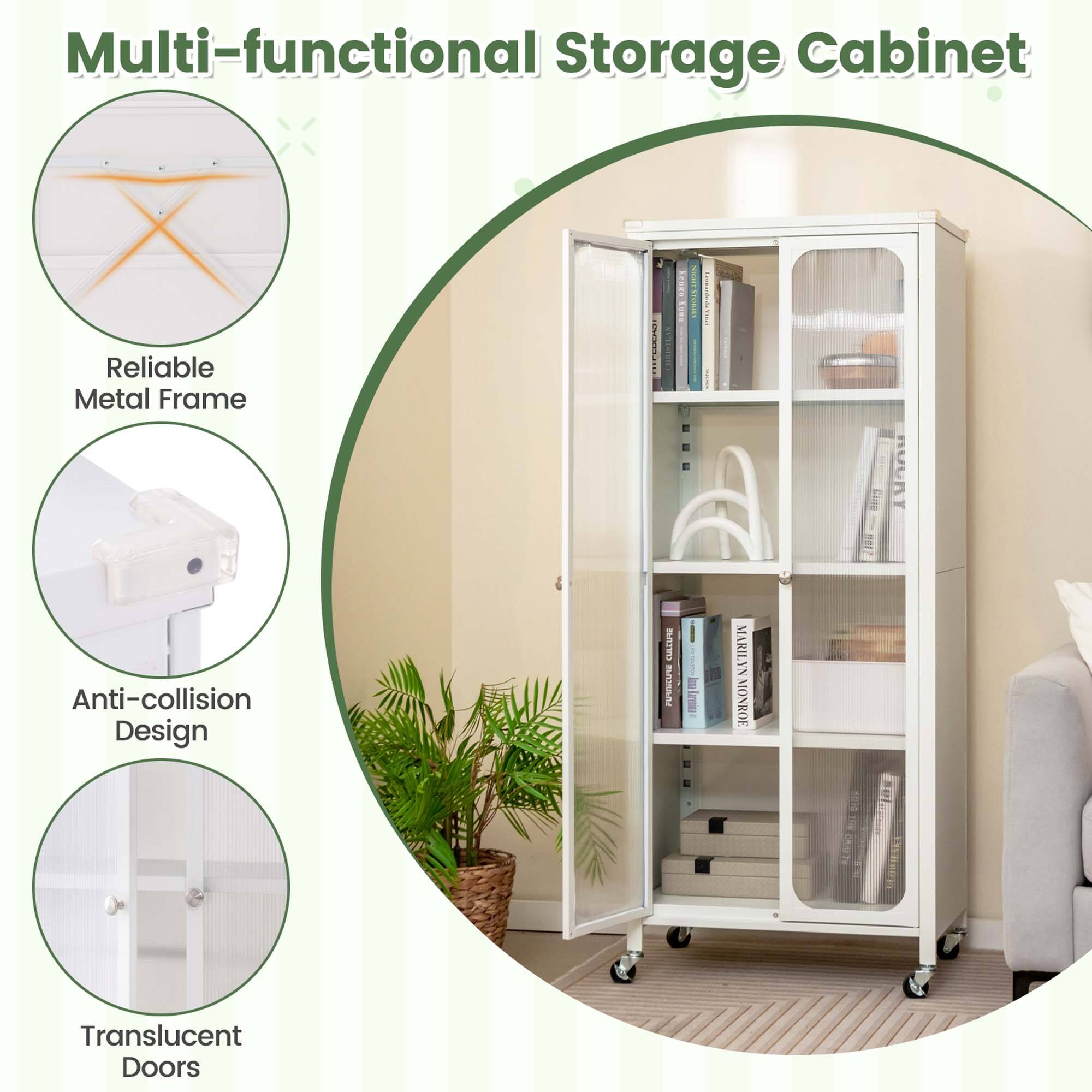 Multi-functional Storage Cabinet, Reliable Metal Frame, Anti-collision Design, Translucent Doors