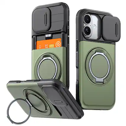 Front. Dteck - Rugged Case for Apple iPhone 17 Shockproof Drop Protection Hidden Card Slot Ring Kickstand Sliding Camera Cover - Green.