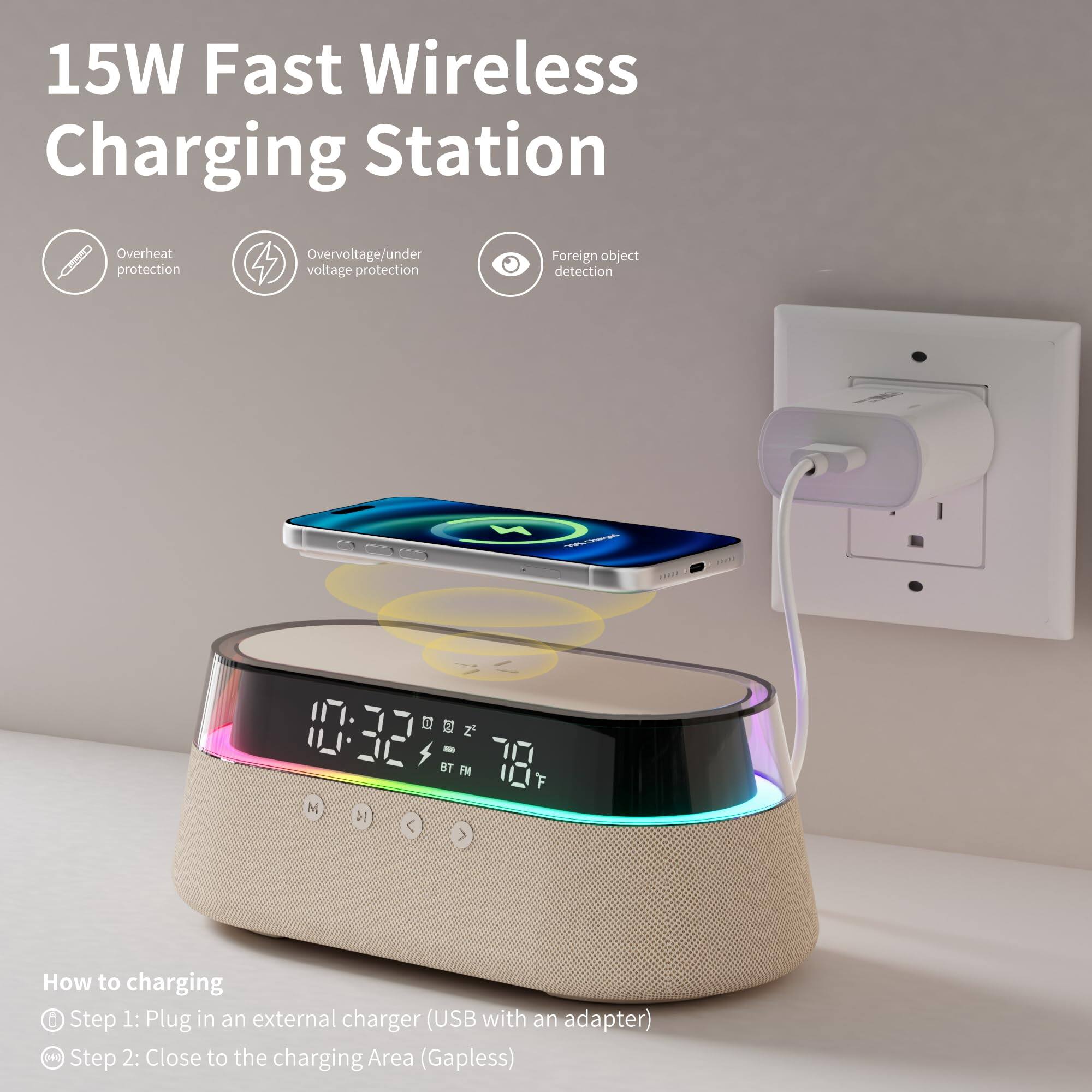 15W Fast Wireless Charging Station  
Overheat protection  
Overvoltage/under voltage protection  
Foreign object detection  

How to charging  
Step 1: Plug in an external charger (USB with an adapter)  
Step 2: Close to the charging Area (Gapless)