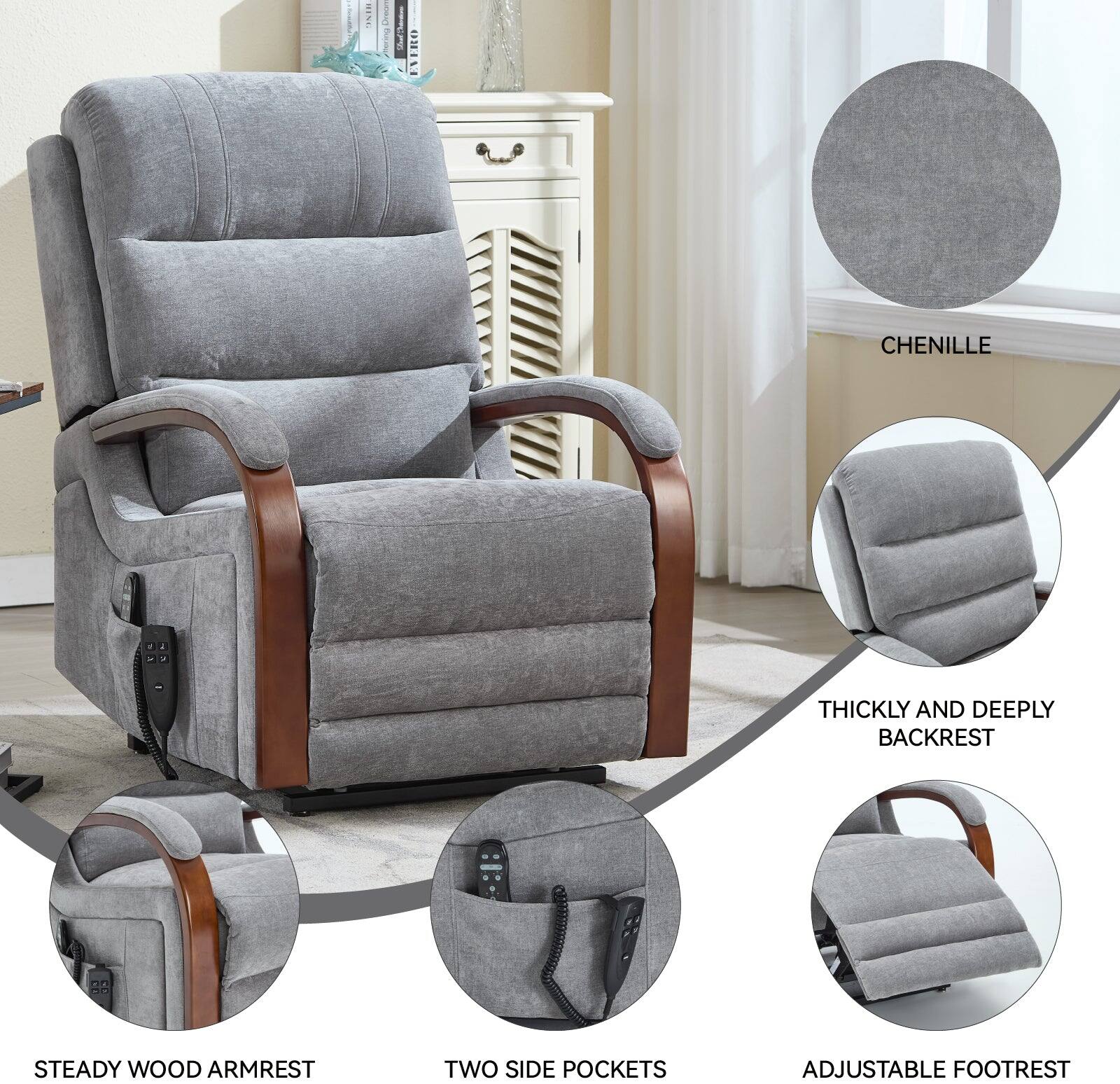 - Chenille
- Thickly and Deeply Backrest
- Steady Wood Armrest
- Two Side Pockets
- Adjustable Footrest