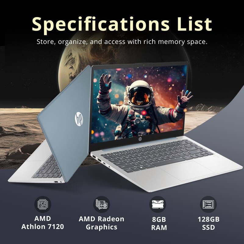 Specifications List  
Store, organize, and access with rich memory space.  

- AMD Athlon 7120  
- AMD Radeon Graphics  
- 8GB RAM  
- 128GB SSD