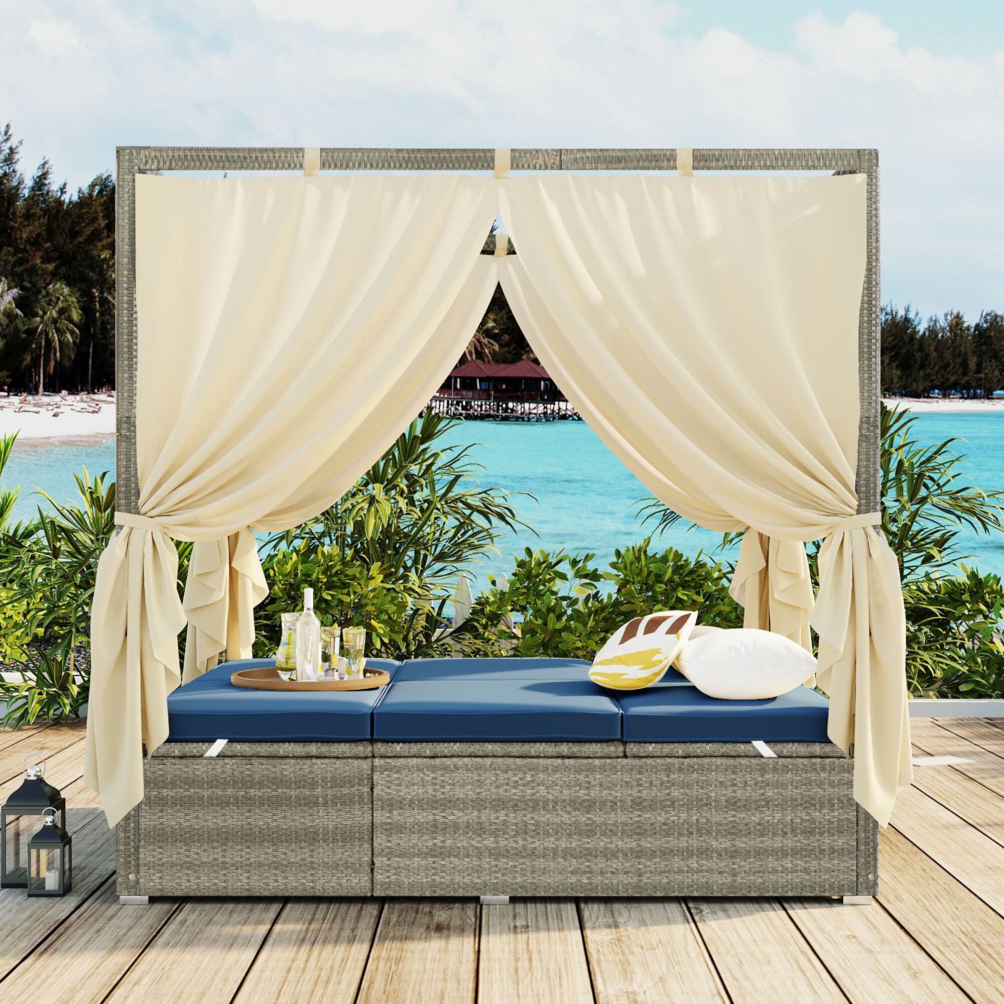 Angle. Mondawe - Outdoor Adjustable Sun Lounger with Canopy, Recline and Removable Cushion - Dark Blue.