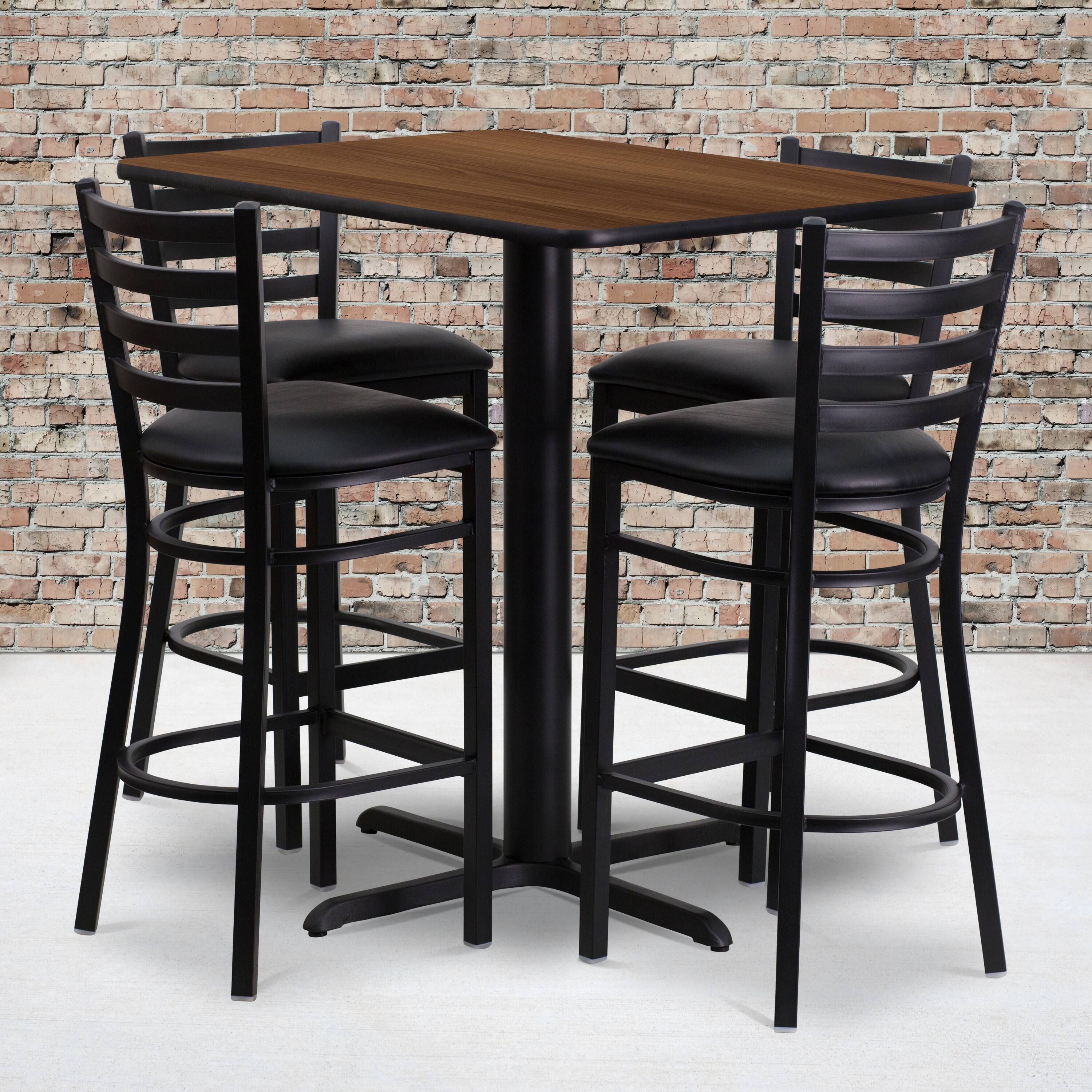 Alt View 1. Emma + Oliver - 24"W x 42"L Rectangular Laminate Table Set & 4 Ladder Back Stools - Walnut Top/Black Vinyl Seat.