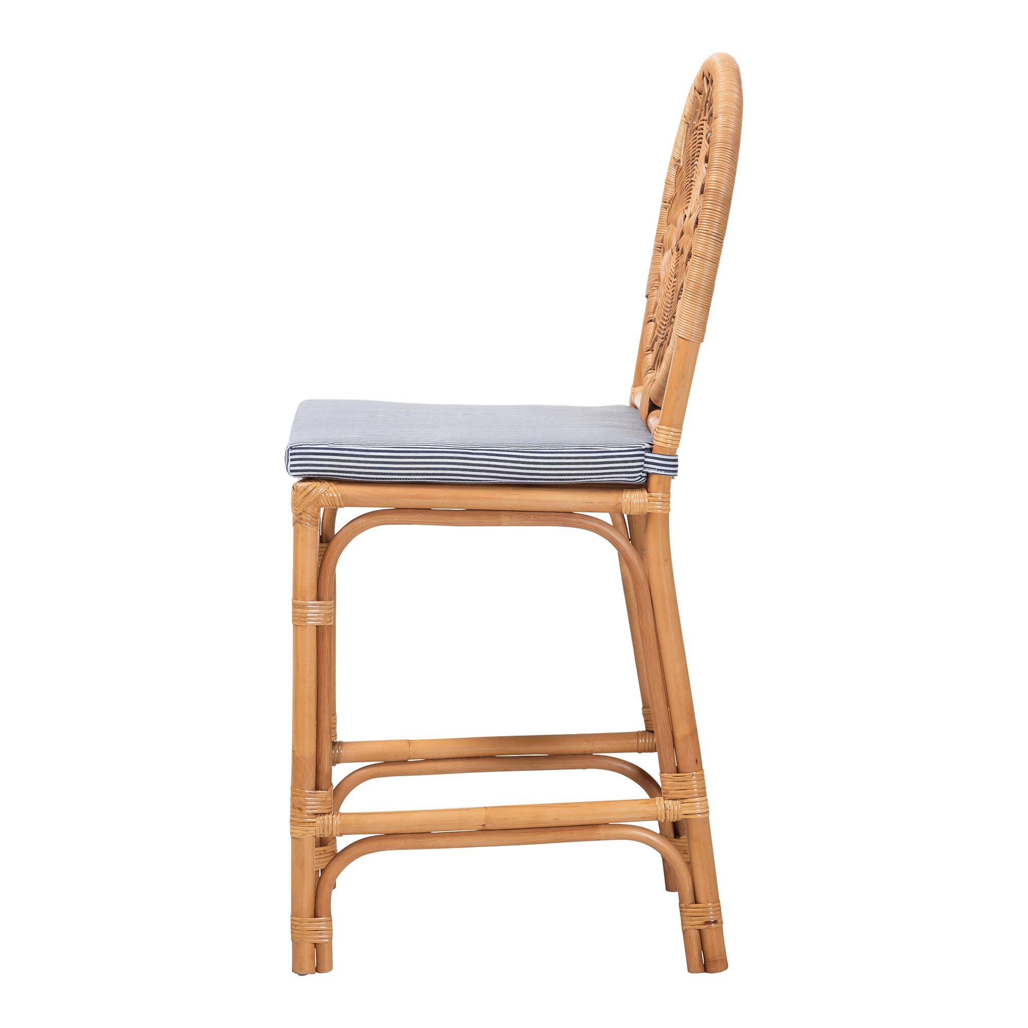 Left. bali & pari - Oberon Natural Rattan Counter Stool with Cushion - Handwoven Wicker Kitchen Island Seating with Sunburst Backrest - Light Honey.