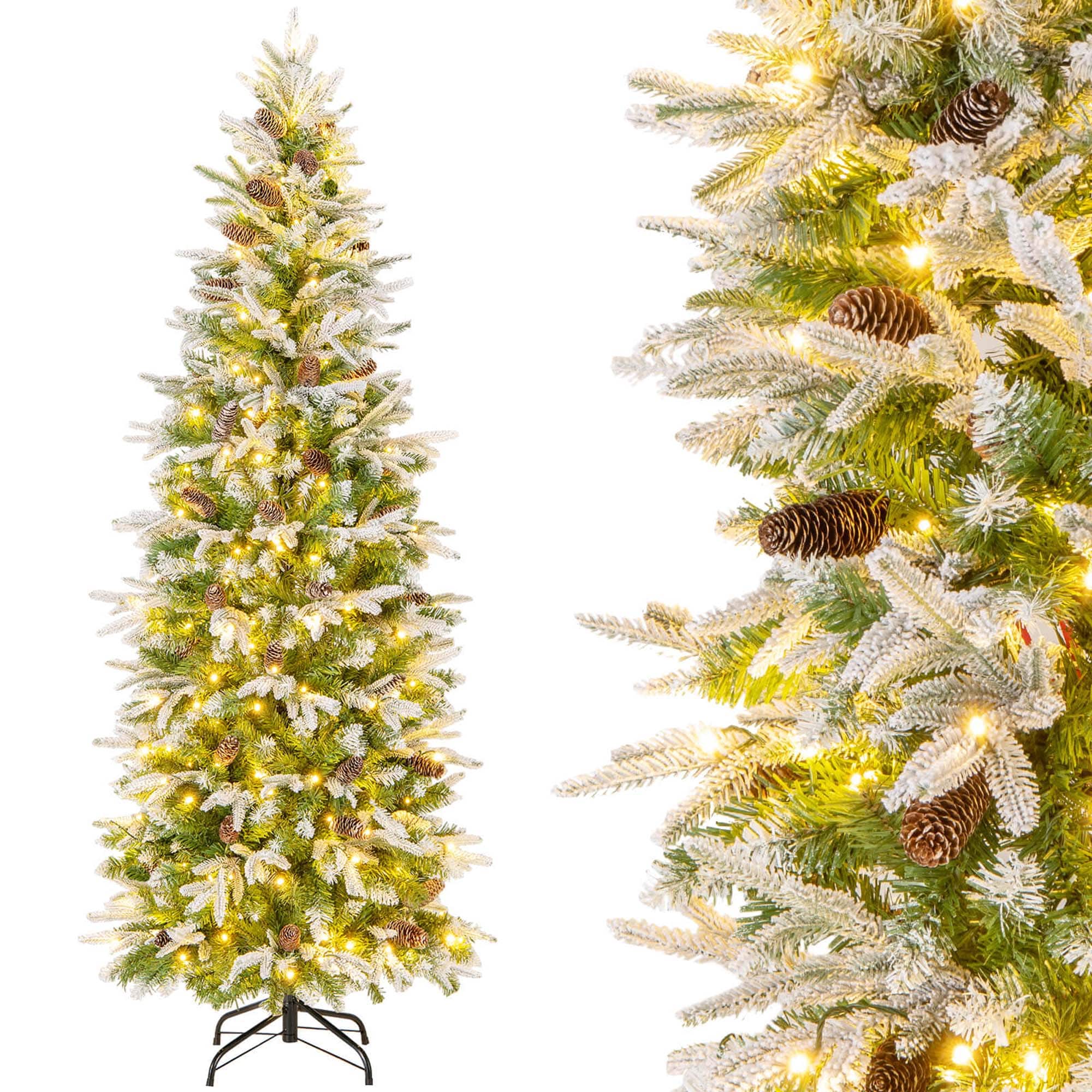 Costway - 6 FT Flocked Christmas Tree with 671 PE PVC Branch Tips 280 Warm White LED Lights - Green/White