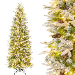 Costway - 6 FT Flocked Christmas Tree with 671 PE PVC Branch Tips 280 Warm White LED Lights - Green/White