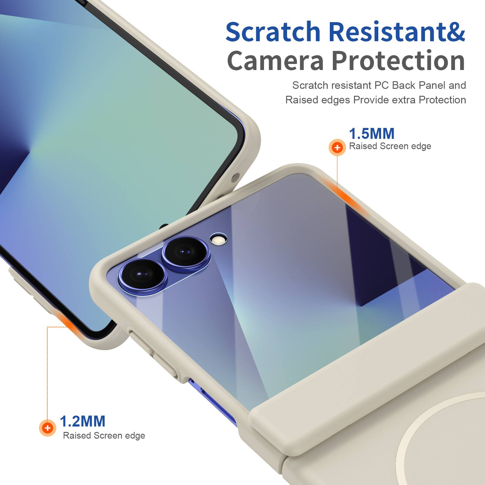 Scratch Resistant & Camera Protection  
Scratch resistant PC Back Panel and Raised edges Provide extra Protection  
1.5MM + Raised Screen edge  
1.2MM + Raised Screen edge