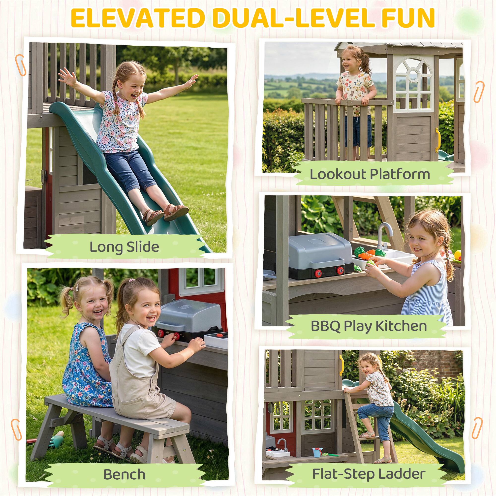 ELEVATED DUAL-LEVEL FUN

- Long Slide
- Lookout Platform
- Bench
- BBQ Play Kitchen
- Flat-Step Ladder