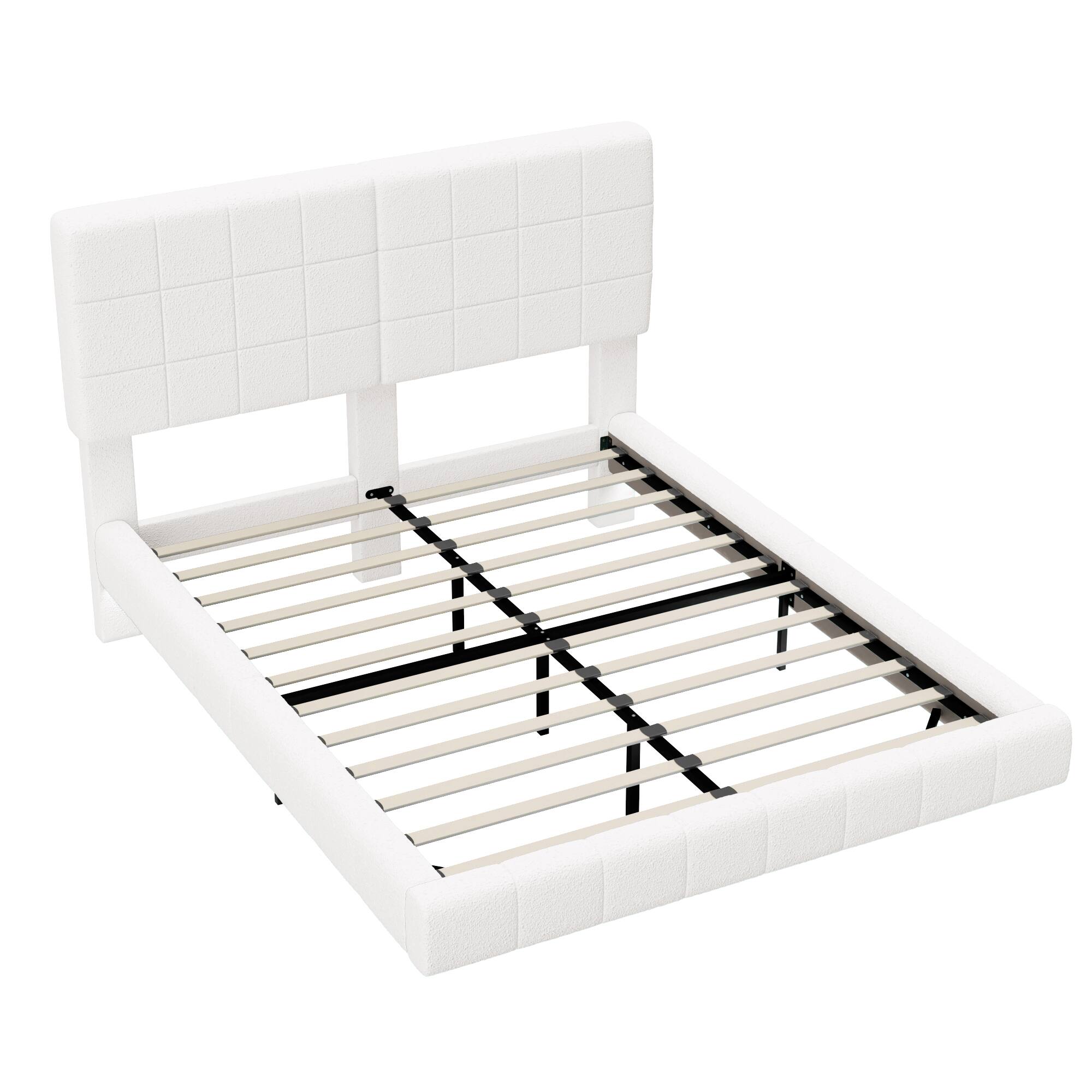 Alt View 1. LUCKY ONE - Queen Size Boucle Floating Bed with Light - White.