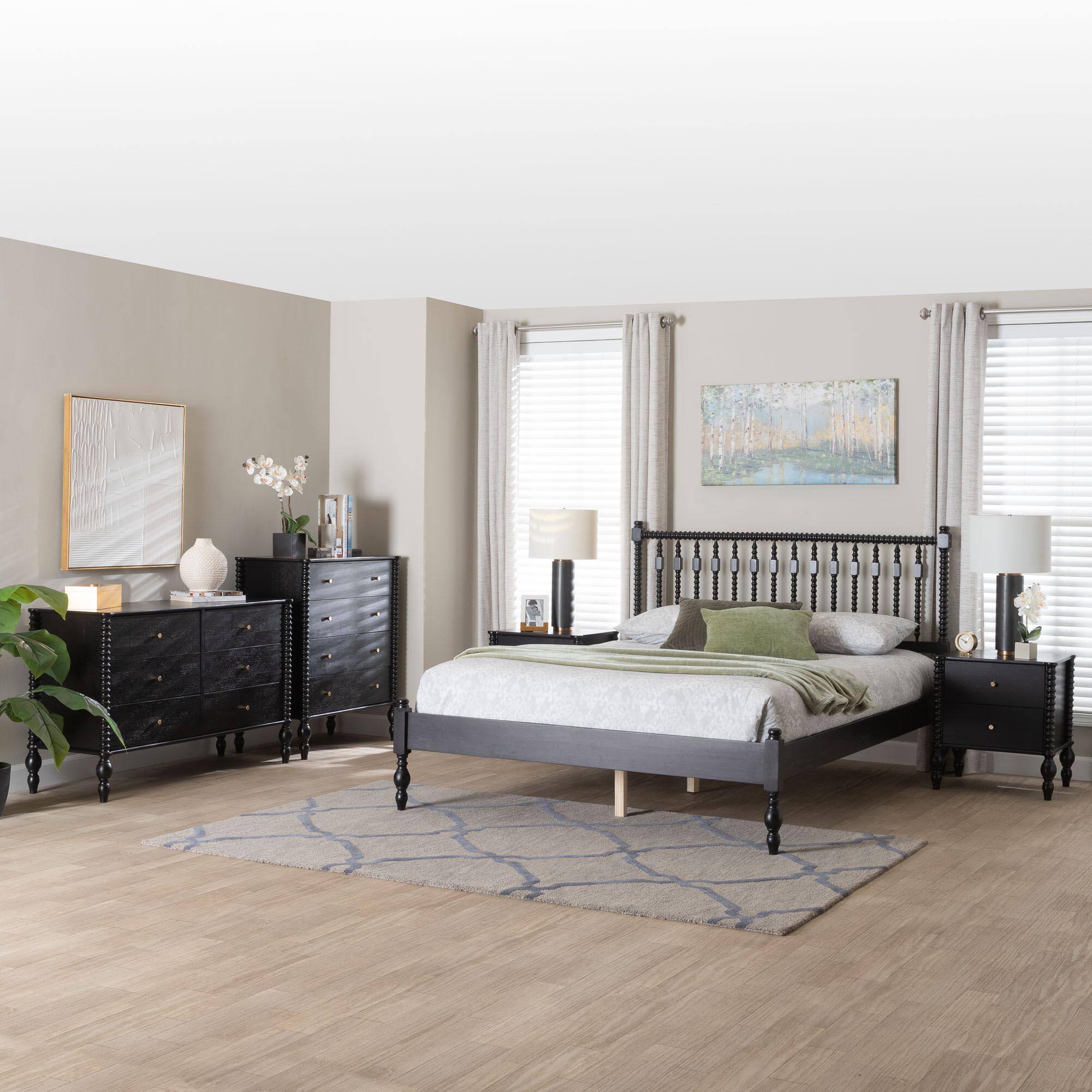 Alt View 8. Baxton Studio - Callison Spindle 5-Piece Bedroom Set - Platform Bed with Matching Dresser, Chest, and 2-Drawer Nightstands, Queen - Black.