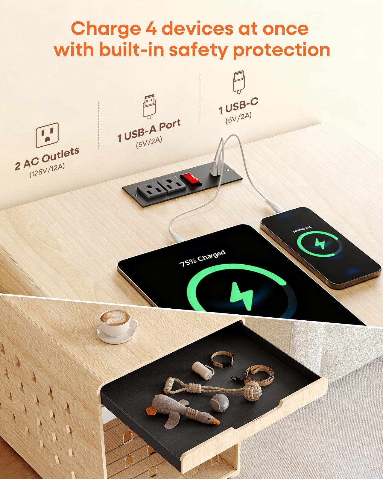 Charge 4 devices at once with built-in safety protection

2 AC Outlets (125V/12A)
1 USB-A Port (5V/2A)
1 USB-C (5V/2A)

75% Charged