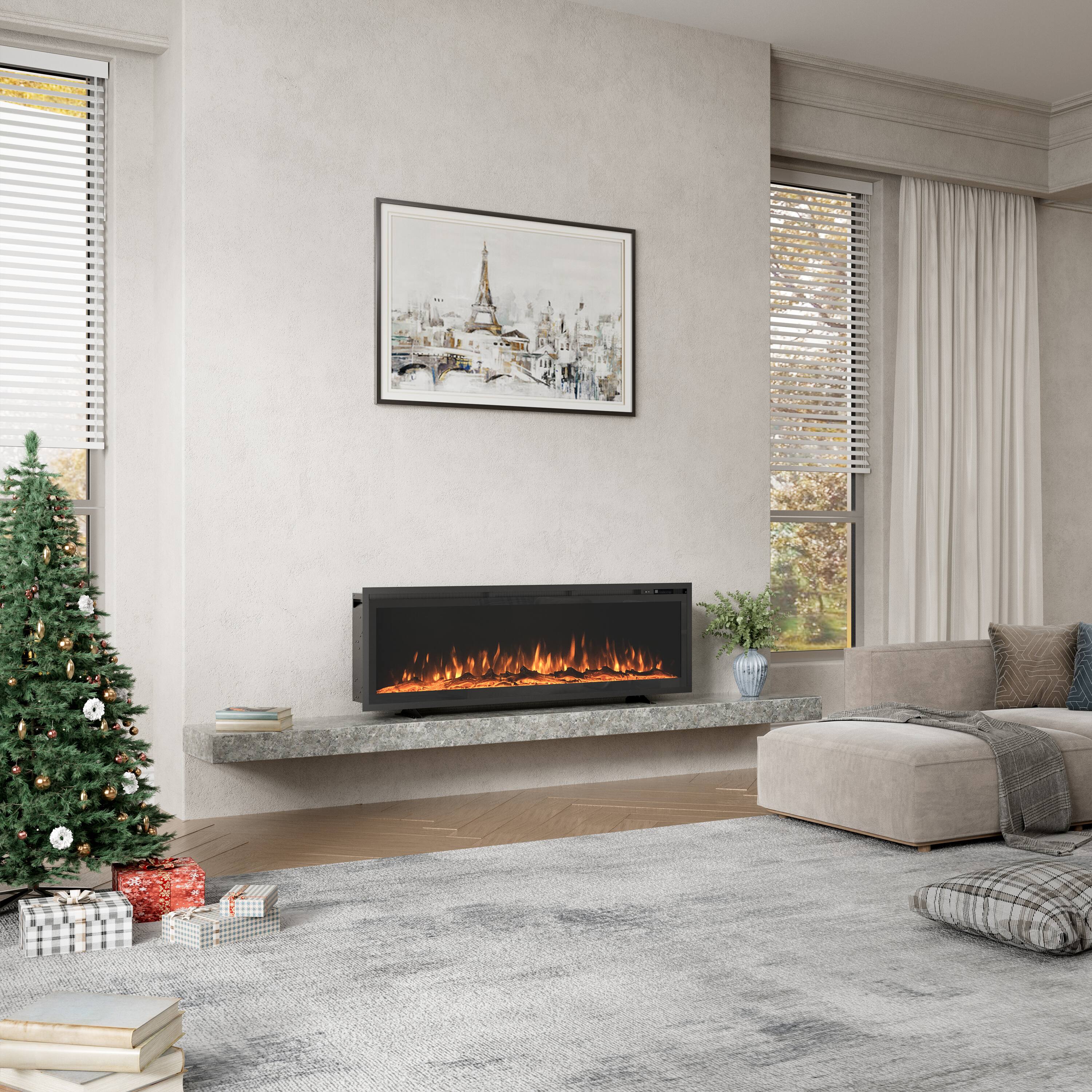 Angle. Mondawe - 60" Recessed/Wall-Mounted/Free-Standing Electric Fireplace with Adjustable Light Colors and Touch Screen Control - Black.