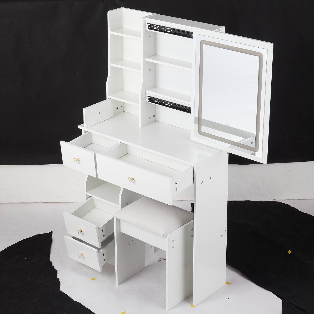 Alt View 3. Loheer - Loheer Small Space Vanity Table with Padded Stool, White Lighted Mirror - White.