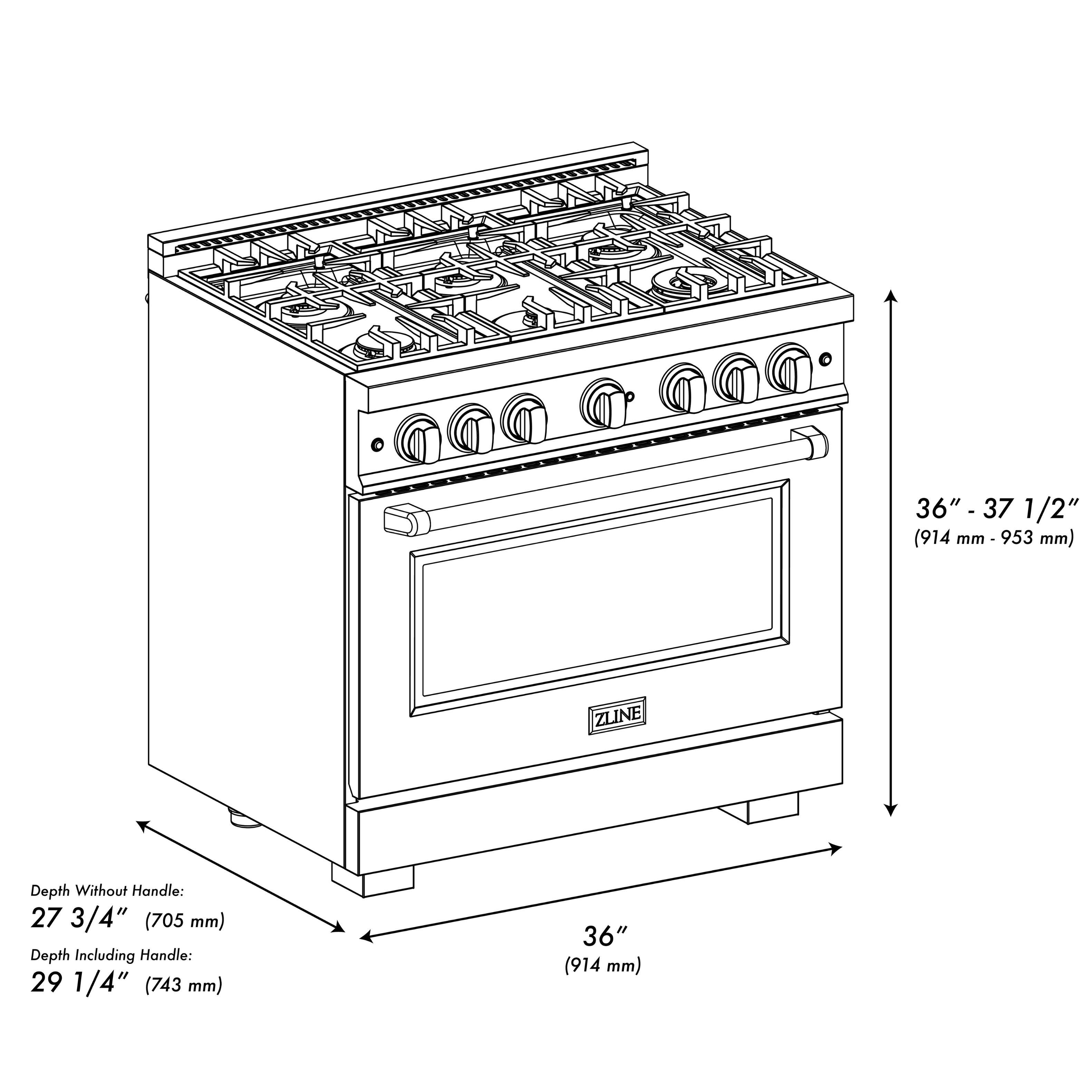 The image shows a stove with a depth of 27 3/4" (705 mm) without the handle and 29 1/4" (743 mm) including the handle. The stove is 36" (914 mm) in depth.