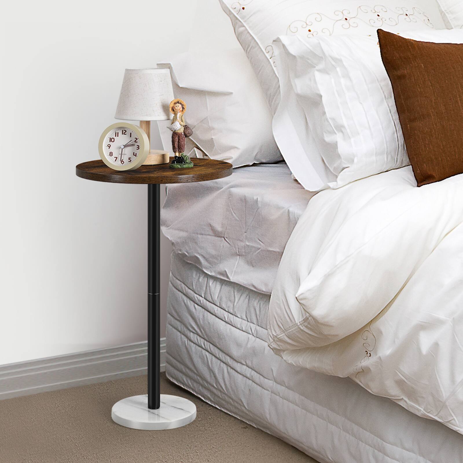 Alt View 1. Oumilen - Round Rustic Burnt Wood Side Table with White Marble Base, Compact Accent End Table - White.